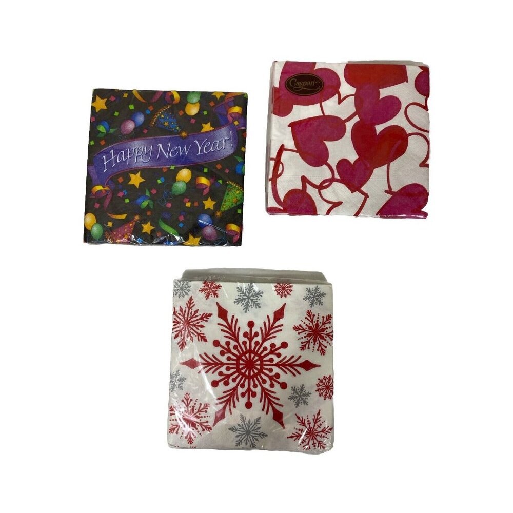 Lot of 3 Pkgs Paper Cocktail Napkins - New Year, Valentine, Christmas holiday